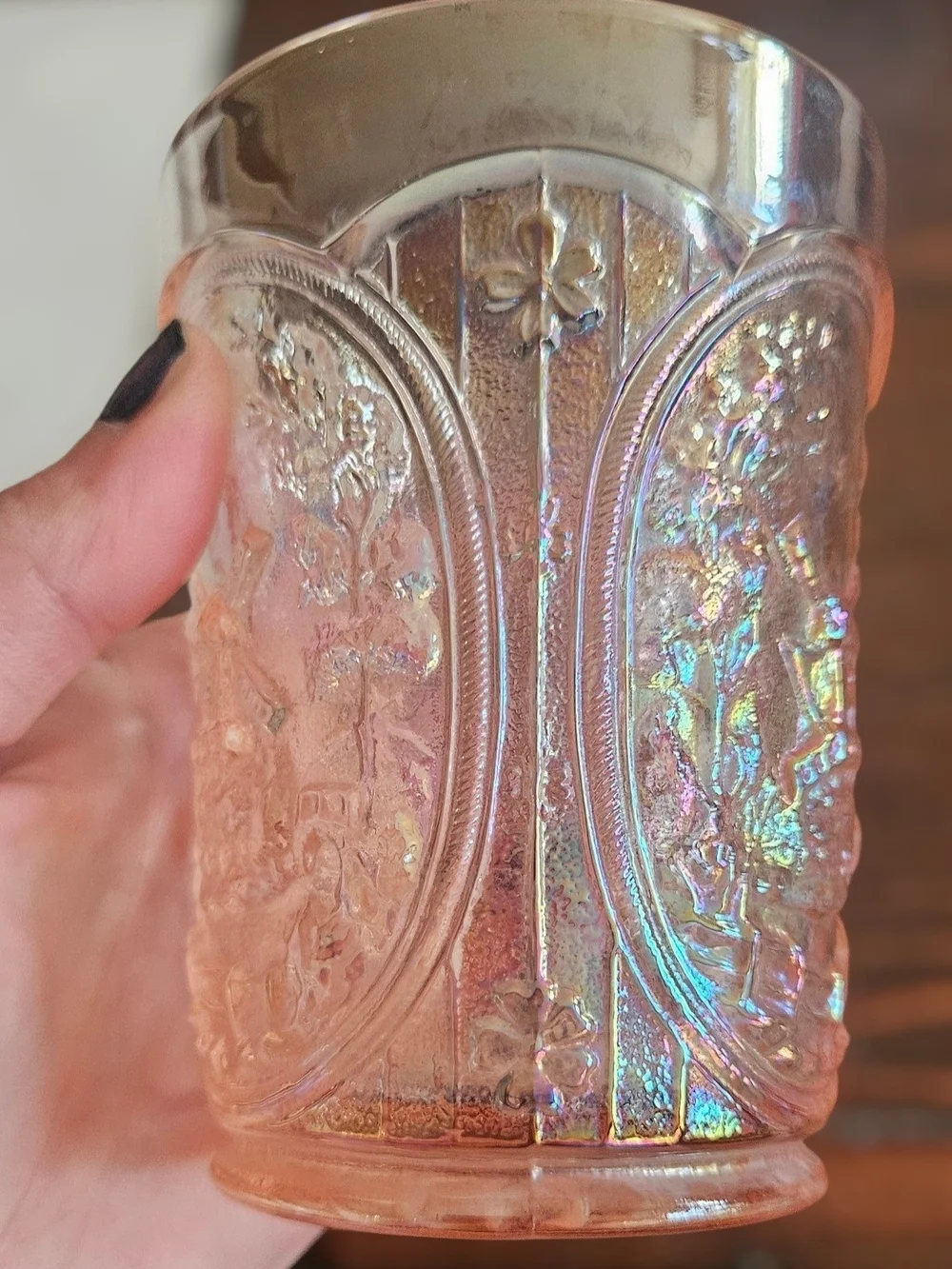Pink Iridescent Carnival Glass Tumbler with Windmill Motif